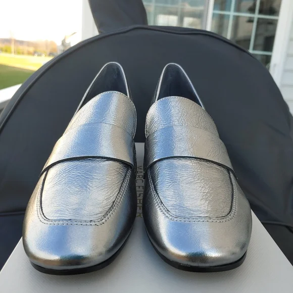 MARC FISHER LTD Leather Hudson Silver Loafers, 7.5 - Picture 2 of 12